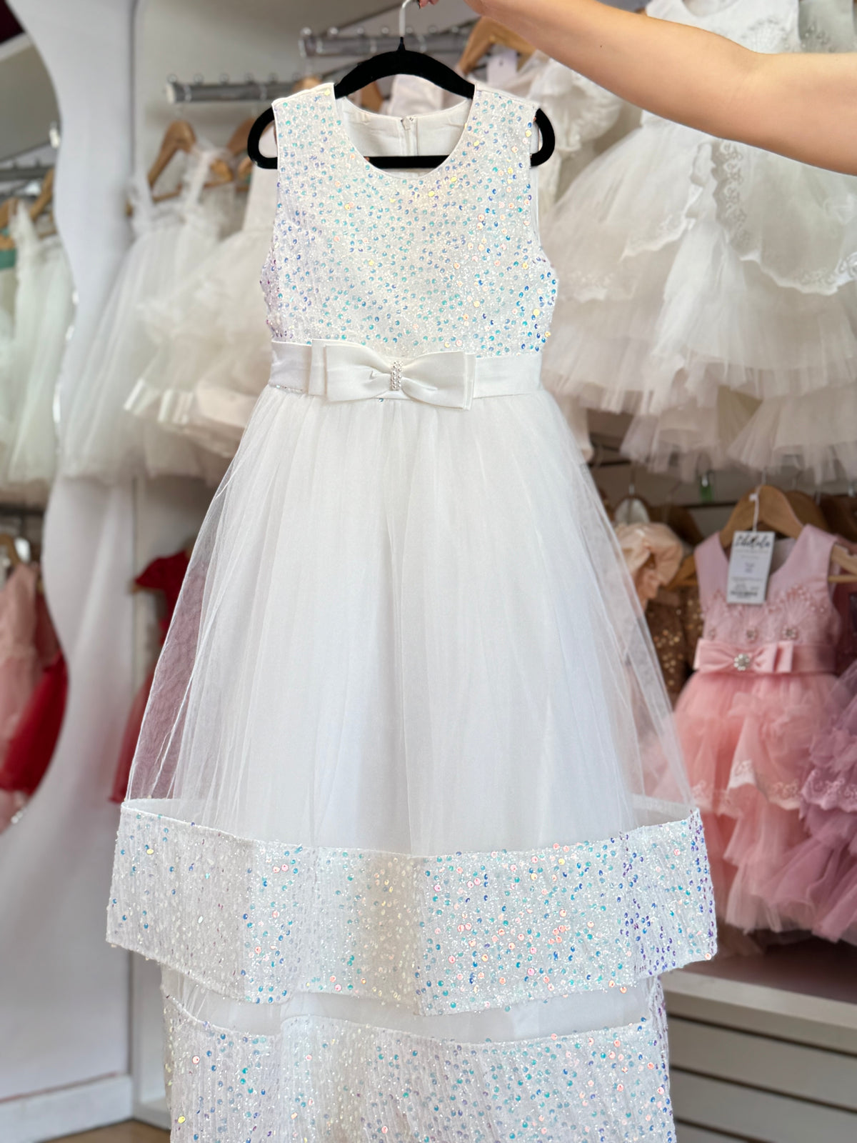 Vestido gala juvenil blanco lentejuelas