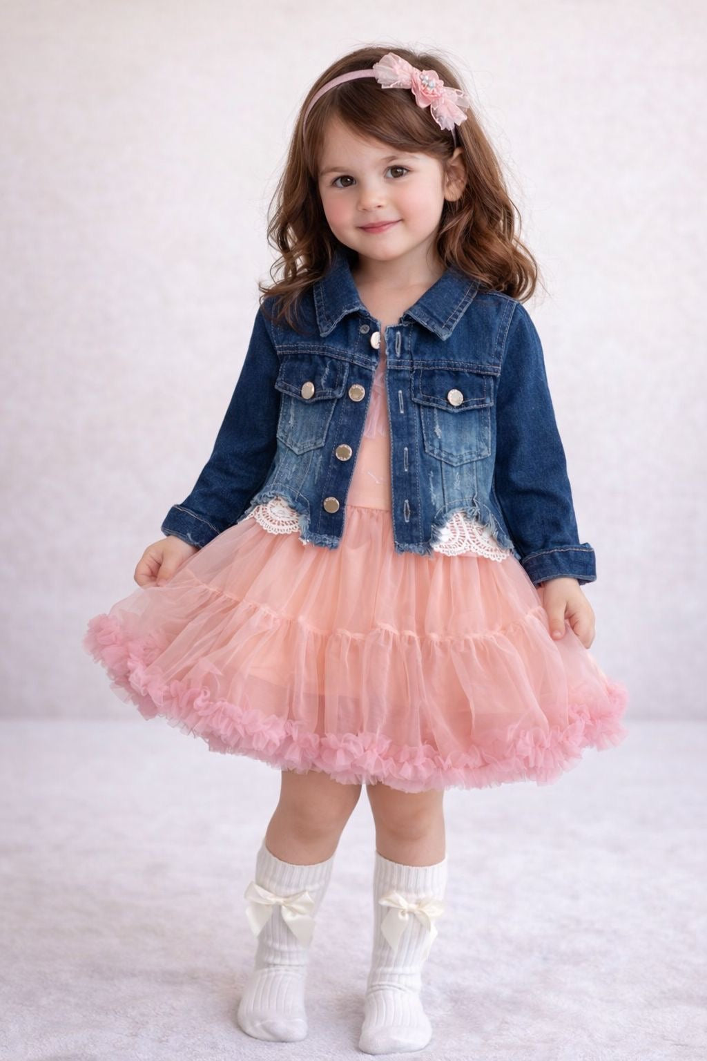 Conjunto vestido rosa + chaqueta mezclilla