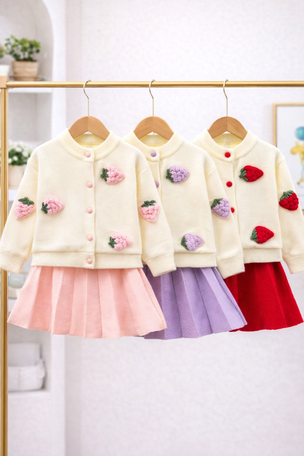 Set lanilla hipoalergenica falda y chaleco frutillas