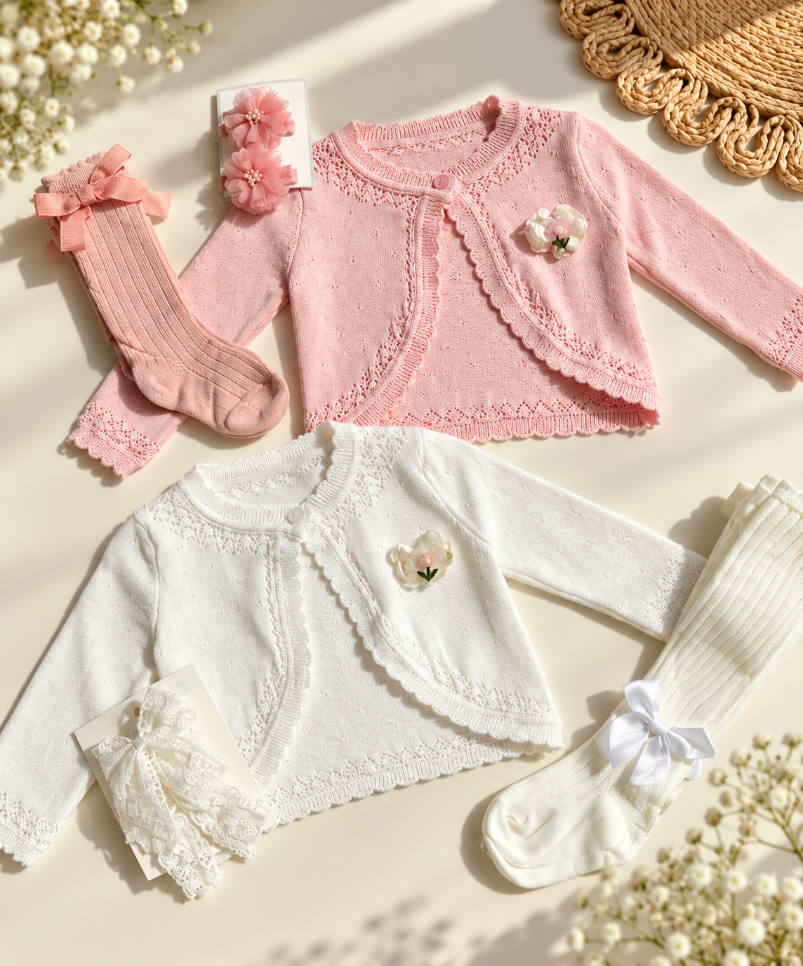Bolero cardigans tejido rosa y blanco