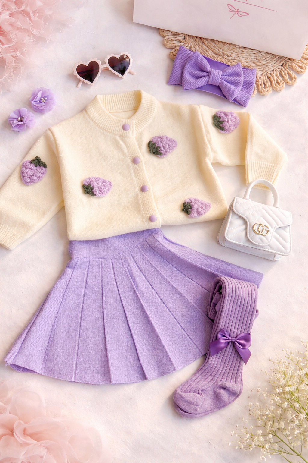 Set lanilla hipoalergenica falda y chaleco frutillas