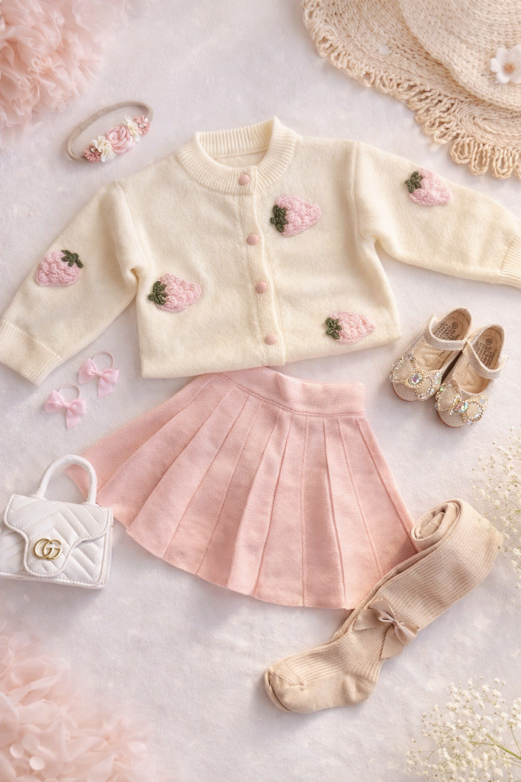 Set lanilla hipoalergenica falda y chaleco frutillas