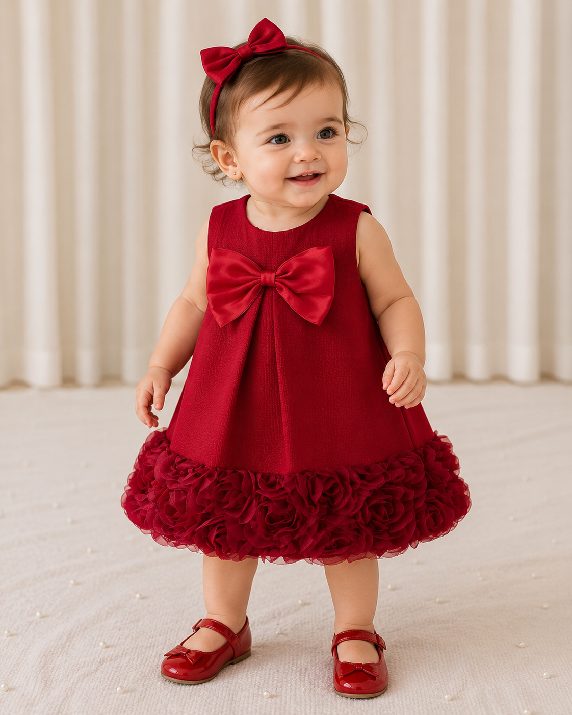 Vestido rojo rosa y lazo