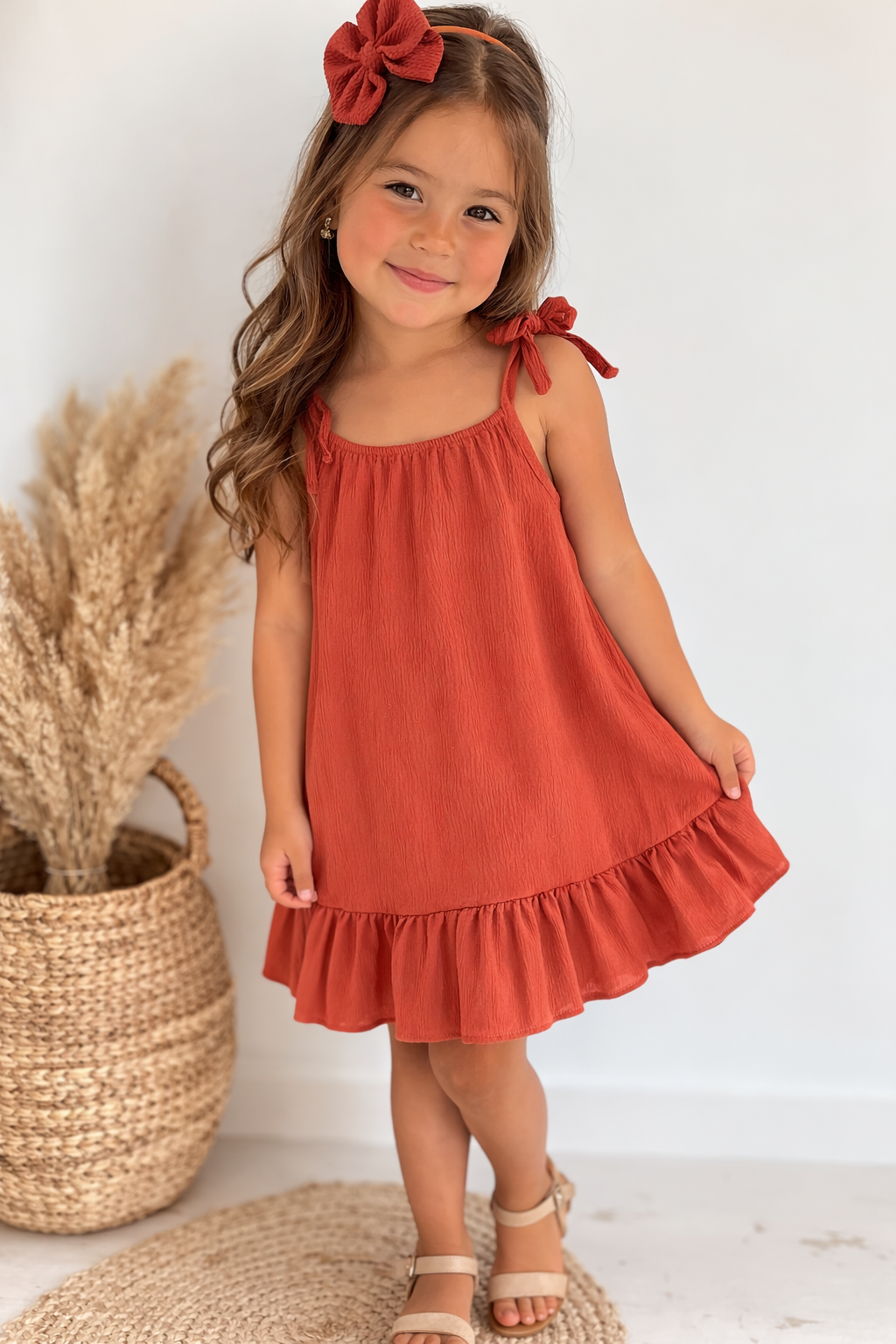 Vestido lino terracota y nude