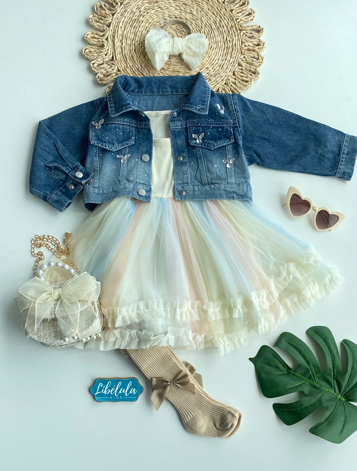 Conjunto vestido + chaqueta mezclilla arcoíris