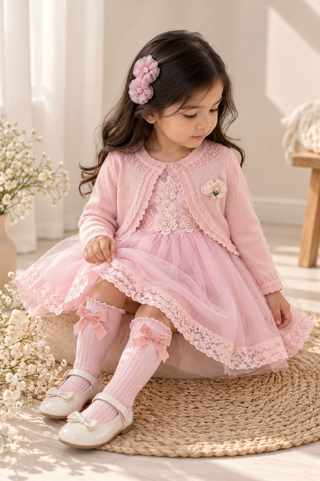 Bolero cardigans tejido rosa y blanco