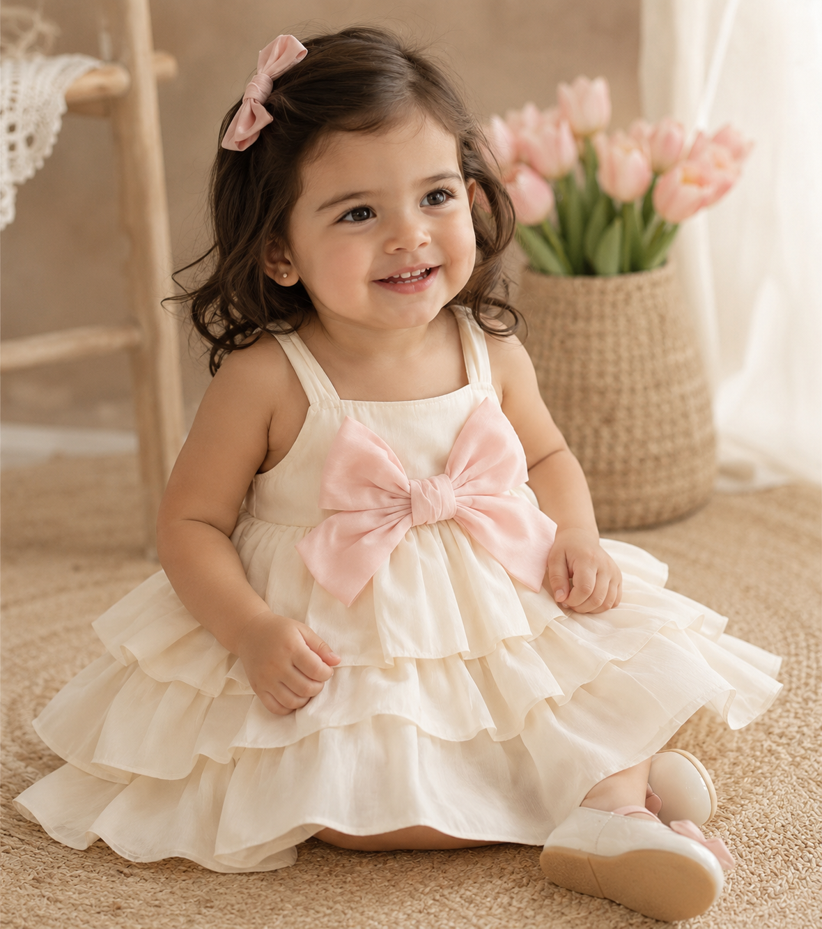 Vestido niña Marfil con lazo rosa