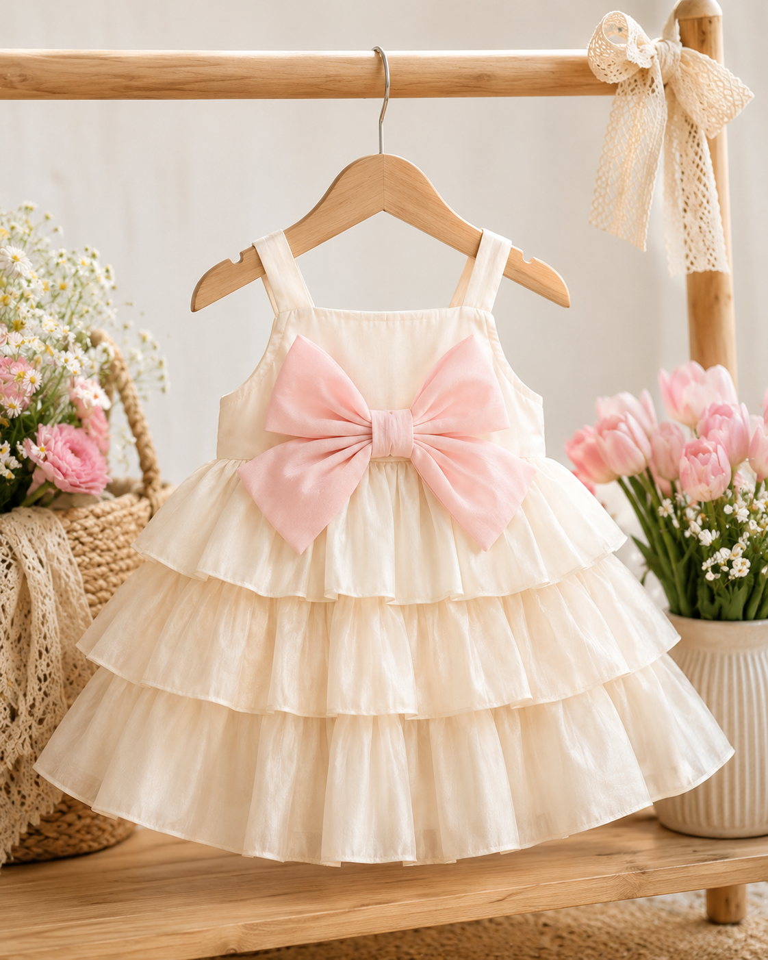 Vestido niña Marfil con lazo rosa