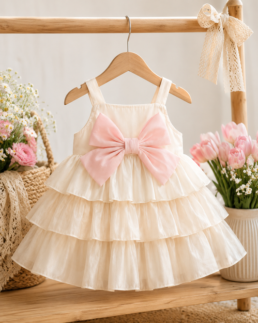 Vestido niña Marfil con lazo rosa